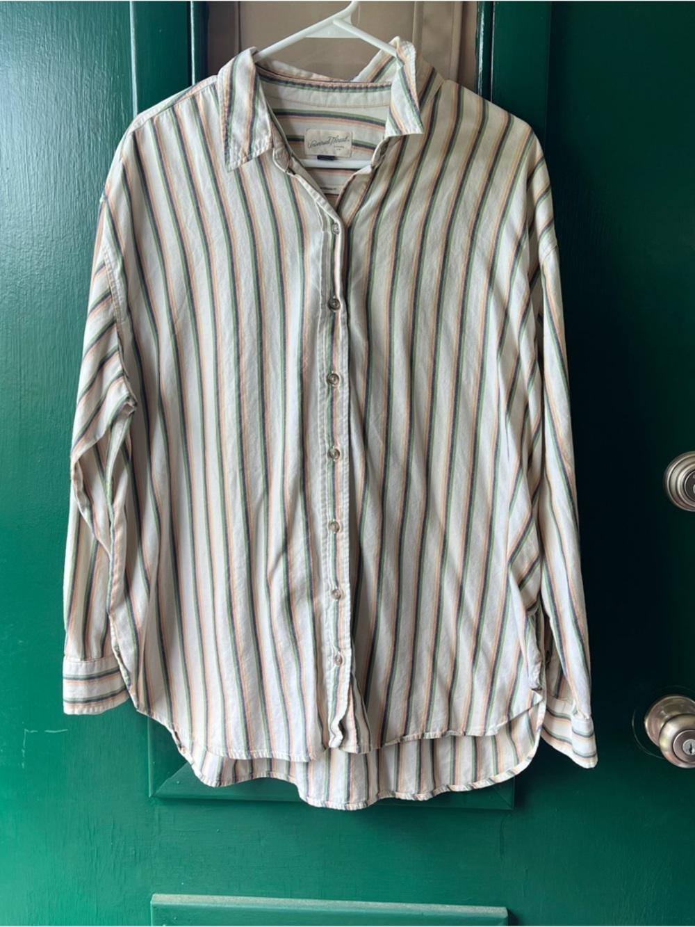 Universal Thread Cream Button-Up with Green, Navy & Peach Stripes size large